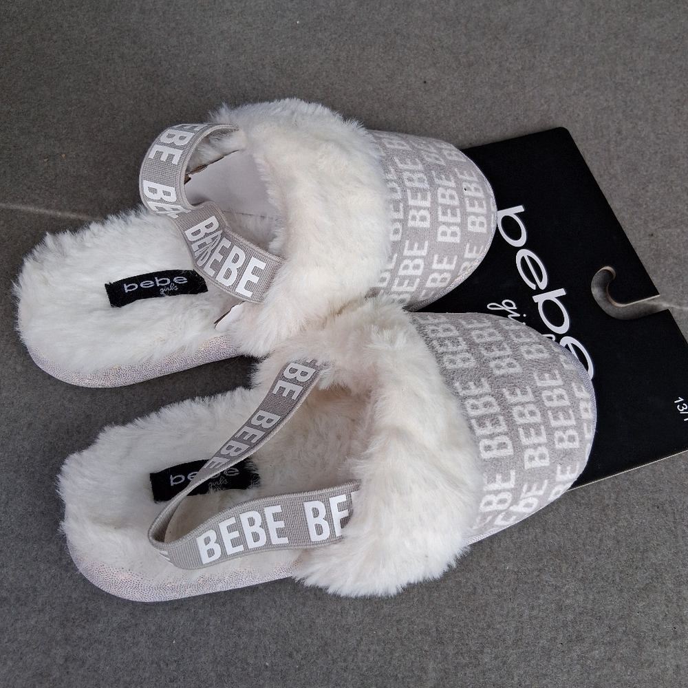 Bebe White and Gray Plush Slippers with Faux Fur